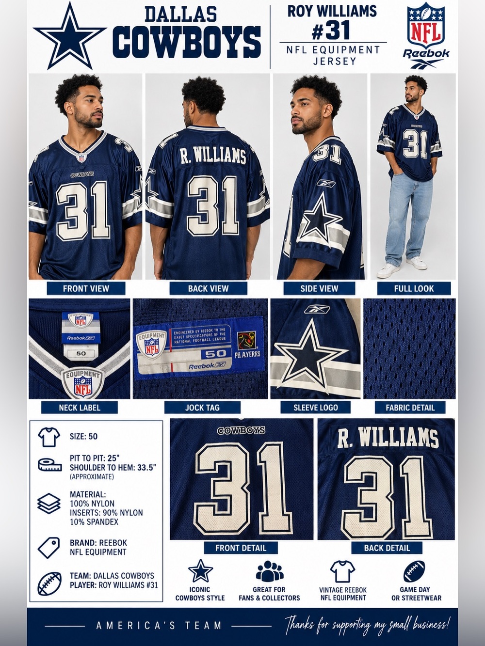 Dallas Cowboys Roy Williams #31 Reebok NFL Equipment Jersey Men’s 50 Navy